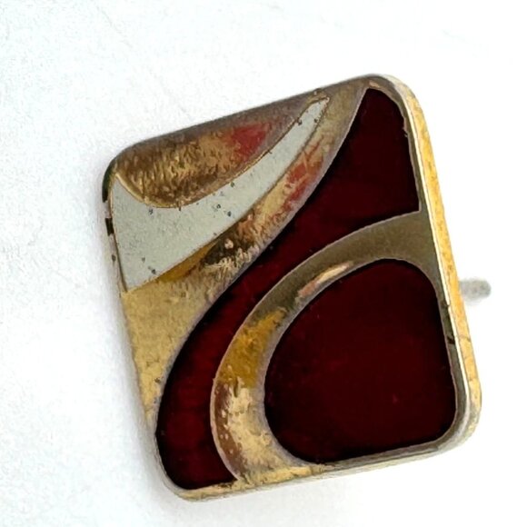 Samuel Huang Cloisonné Vintage Earrings 7/8" Red Gold Gray Enamel Square Stud - Picture 4 of 8